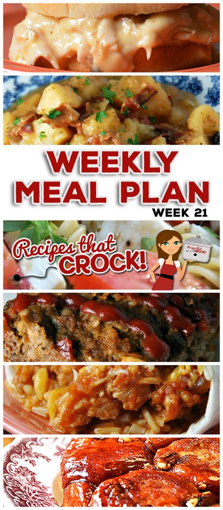 This week's weekly menu features Crock Pot Fiesta Shredded Pork Wraps, Crock Pot Fiesta Mac and Cheese, Crock Pot Old Fashioned Meatloaf, Crock Pot German Potato Salad, Crock Pot Hot Turkey Sandwiches, Caprese Pesto Pasta Salad, Crock Pot Buffalo Chicken Wings, French fries, Easy Crock Pot Cowboy Beans, Crock Pot Salted Caramel Apple Dip, Crock Pot Hot Crab Dip and Crock Pot Caramel Pecan Rolls.