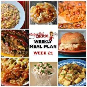 This week's weekly menu features Crock Pot Fiesta Shredded Pork Wraps, Crock Pot Fiesta Mac and Cheese, Crock Pot Old Fashioned Meatloaf, Crock Pot German Potato Salad, Crock Pot Hot Turkey Sandwiches, Caprese Pesto Pasta Salad, Crock Pot Buffalo Chicken Wings, French fries, Easy Crock Pot Cowboy Beans, Crock Pot Salted Caramel Apple Dip, Crock Pot Hot Crab Dip and Crock Pot Caramel Pecan Rolls.