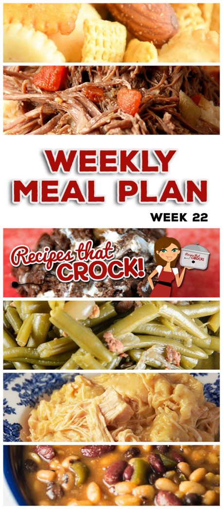 This week's weekly menu features Crock Pot Chicken and Dumplings, Crock Pot Party Beans, Crock Pot Scalloped Potatoes and Ham, Crock Pot Cabbage, Crock Pot Swiss Steak and Rice, Old Fashioned Crock Pot Green Beans, Crock Pot Garlic Pork Roast, Crock Pot Creamed Spinach, Crock Pot Cinnamon Apples, Crock Pot Pizza Tater Tot Casserole, Strawberry Breakfast Cake, Crock Pot Rocky Road Candy and Smoky Crock Pot Chex Mix.