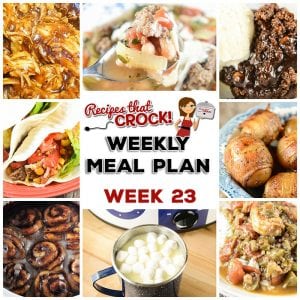 This week's weekly menu features Crock Pot Cinnamon Roll Mixed Berry Casserole, Crock Pot Hot Fudge Peanut Butter Cake, Crock Pot Hot White Chocolate, Crock Pot Creole Pork Chops, Crock Pot Bacon Taters, Crock Pot Beefy Tex Mex Tacos, Crock Pot Tuscan Bean Soup, Crock Pot Quick & Easy BBQ Chicken and Crock Pot Seafood Gumbo.