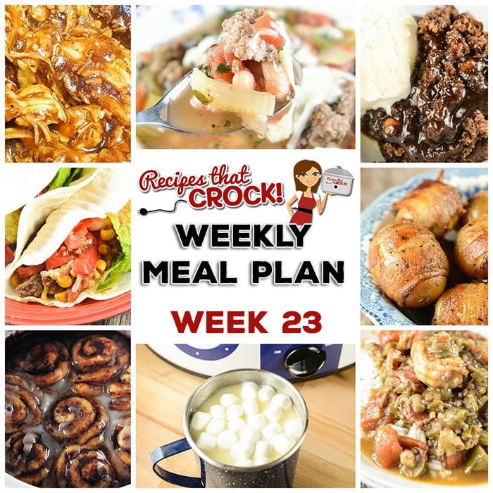 This week's weekly menu features Crock Pot Cinnamon Roll Mixed Berry Casserole, Crock Pot Hot Fudge Peanut Butter Cake, Crock Pot Hot White Chocolate, Crock Pot Creole Pork Chops, Crock Pot Bacon Taters, Crock Pot Beefy Tex Mex Tacos, Crock Pot Tuscan Bean Soup, Crock Pot Quick & Easy BBQ Chicken and Crock Pot Seafood Gumbo.