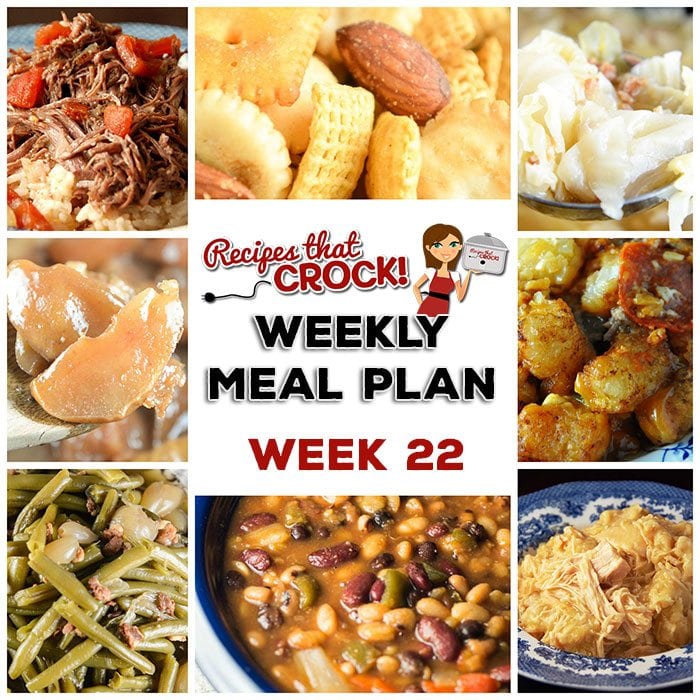 This week's weekly menu features Crock Pot Chicken and Dumplings, Crock Pot Party Beans, Crock Pot Scalloped Potatoes and Ham, Crock Pot Cabbage, Crock Pot Swiss Steak and Rice, Old Fashioned Crock Pot Green Beans, Crock Pot Garlic Pork Roast, Crock Pot Creamed Spinach, Crock Pot Cinnamon Apples, Crock Pot Pizza Tater Tot Casserole, Strawberry Breakfast Cake, Crock Pot Rocky Road Candy and Smoky Crock Pot Chex Mix.