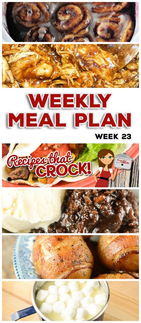 This week's weekly menu features Crock Pot Cinnamon Roll Mixed Berry Casserole, Crock Pot Hot Fudge Peanut Butter Cake, Crock Pot Hot White Chocolate, Crock Pot Creole Pork Chops, Crock Pot Bacon Taters, Crock Pot Beefy Tex Mex Tacos, Crock Pot Tuscan Bean Soup, Crock Pot Quick & Easy BBQ Chicken and Crock Pot Seafood Gumbo.