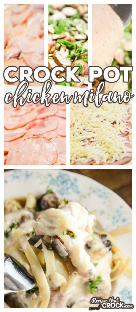 This Crock Pot Chicken Milano Recipe (Johnny Carino's Copycat) is a creamy, savory chicken and ham slow cooker recipe served over a bed of fettuccine. We love the flavor the basil and cremini mushrooms add to this comfort food dish.