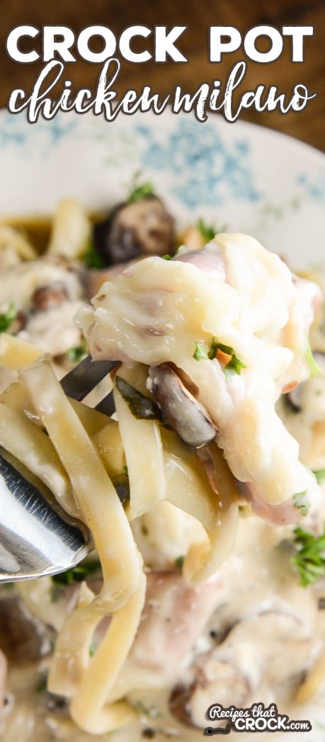 This Crock Pot Chicken Milano Recipe (Johnny Carino's Copycat) is a creamy, savory chicken and ham slow cooker recipe served over a bed of fettuccine. We love the flavor the basil and cremini mushrooms add to this comfort food dish.