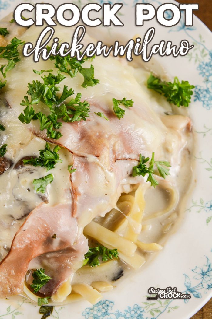 This Crock Pot Chicken Milano Recipe (Johnny Carino's Copycat) is a creamy, savory chicken and ham slow cooker recipe served over a bed of fettuccine. We love the flavor the basil and cremini mushrooms add to this comfort food dish.