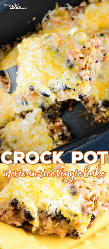 Are you looking for a yummy side dish that is packed full of veggies? Crock Pot Mexican Rice Veggie Bake layers vegetables, beans, salsa, rice and cheese together into a delicious crock pot casserole. Kids of all ages love this crock pot side dish for taco night.