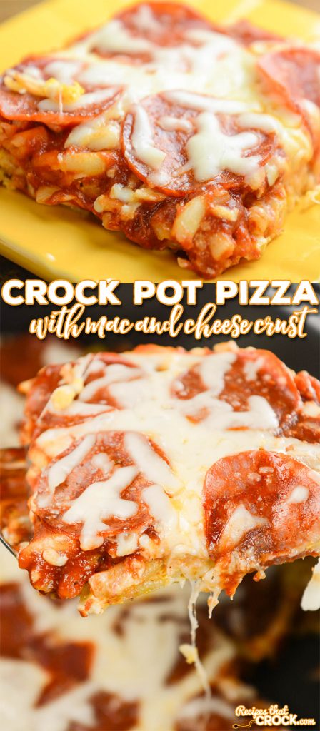 This Crock Pot Pizza with Mac and Cheese Crust is a fun way to switch up pizza night with flavors that kids of all ages love! All your favorite pizza toppings pile on top of a crust made out of mac and cheese.