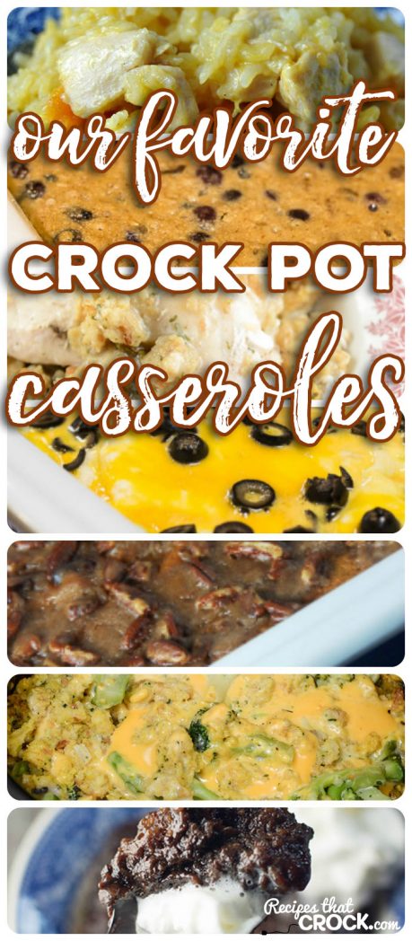 Crock Pot Casseroles: We are sharing our favorite crock pot casseroles- Easy all-in-one main dish casseroles, tasty side dish casseroles and great breakfast and dessert casseroles. Chicken Stuffing Casserole, Chicken Enchiladas, Sweet Potato Casserole, Cheesy Lasagna, Broccoli Cheese Casserole, Cheesy Rice Casserole, 3 Bean Casserole Crunch, French Toast Cinnamon Roll Casserole and many, many more.