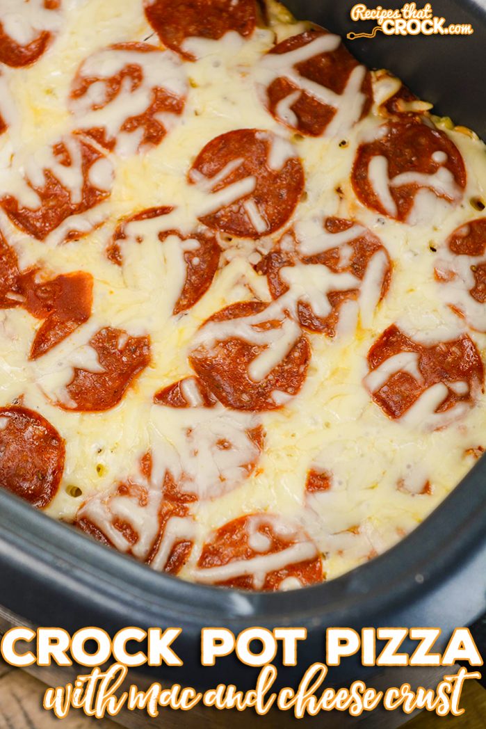This Crock Pot Pizza with Mac and Cheese Crust is a fun way to switch up pizza night with flavors that kids of all ages love! All your favorite pizza toppings pile on top of a crust made out of mac and cheese.