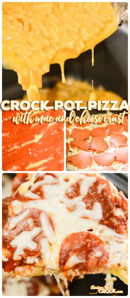 This Crock Pot Pizza with Mac and Cheese Crust is a fun way to switch up pizza night with flavors that kids of all ages love! All your favorite pizza toppings pile on top of a crust made out of mac and cheese.
