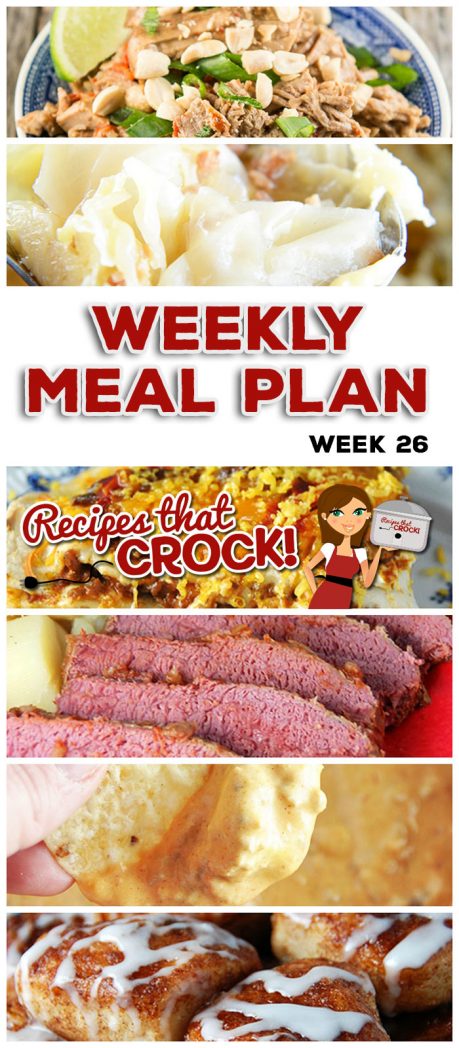 This week's weekly menu features Crock Pot Cream Cheese Taco Dip, Crock Pot Cinnamon Rolls, Crock Pot Taco Lasagna, Crock Pot Thai Pork with Peanut Sauce, Crock Pot Split Pea Soup, Crock Pot Barbecue Ribs, Crock Pot Cheesy Scalloped Potatoes, Easy Crock Pot Corned Beef, Crock Pot Old Fashioned Cabbage and Monster Munch.