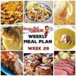 This week's weekly menu features Crock Pot Cream Cheese Taco Dip, Crock Pot Cinnamon Rolls, Crock Pot Taco Lasagna, Crock Pot Thai Pork with Peanut Sauce, Crock Pot Split Pea Soup, Crock Pot Barbecue Ribs, Crock Pot Cheesy Scalloped Potatoes, Easy Crock Pot Corned Beef, Crock Pot Old Fashioned Cabbage and Monster Munch.