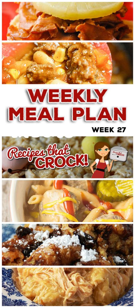 This week's weekly menu features Crock Pot BBQ Sticks and Stones, Crock Pot Cinnamon Raisin French Toast, Crock Pot Chicken and Dumplings, Crock Pot Cowboy Casserole, Crock Pot Easy Taco Soup, Crock Pot Cheeseburger Meatballs, Crock Pot Hawaiian Sandwiches and Crock Pot Rice Krispy Treats.