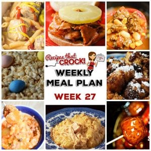 This week's weekly menu features Crock Pot BBQ Sticks and Stones, Crock Pot Cinnamon Raisin French Toast, Crock Pot Chicken and Dumplings, Crock Pot Cowboy Casserole, Crock Pot Easy Taco Soup, Crock Pot Cheeseburger Meatballs, Crock Pot Hawaiian Sandwiches and Crock Pot Rice Krispy Treats.