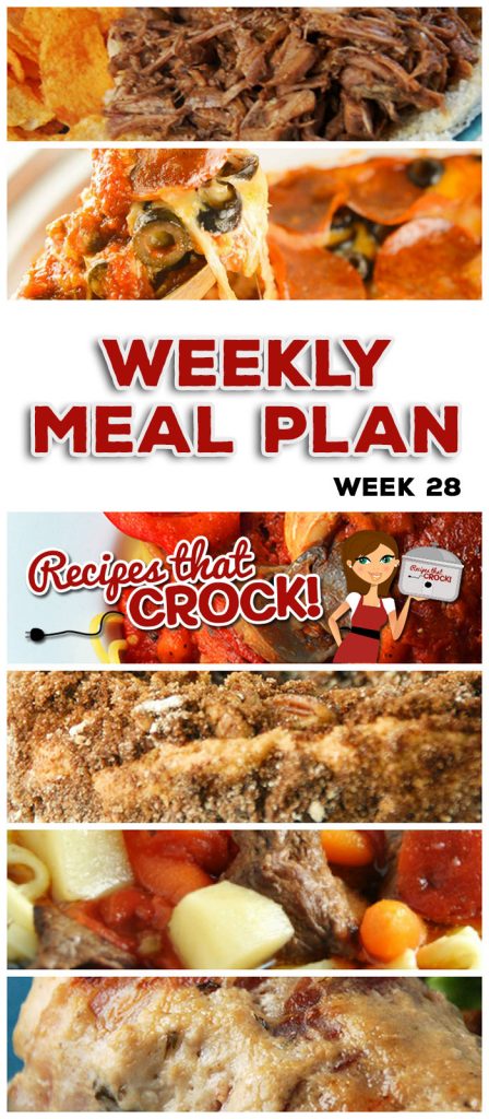 This week's weekly menu features Crock Pot Hot Pizza Dip, Crock Pot Hashbrown Casserole, Crock Pot Garlic Bacon Chicken, Crock Pot Saucy Potatoes, Crock Pot BBQ Steak Sandwiches, Crock Pot Savory Beef Stew, Crock Pot Sweet Corn Sausage Casserole, Crock Pot Parmesan Italian Chicken and Crock Pot Cinnamon Streusel Cake.