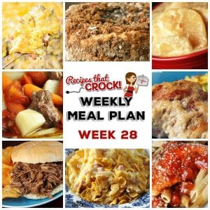 This week's weekly menu features Crock Pot Hot Pizza Dip, Crock Pot Hashbrown Casserole, Crock Pot Garlic Bacon Chicken, Crock Pot Saucy Potatoes, Crock Pot BBQ Steak Sandwiches, Crock Pot Savory Beef Stew, Crock Pot Sweet Corn Sausage Casserole, Crock Pot Parmesan Italian Chicken and Crock Pot Cinnamon Streusel Cake.