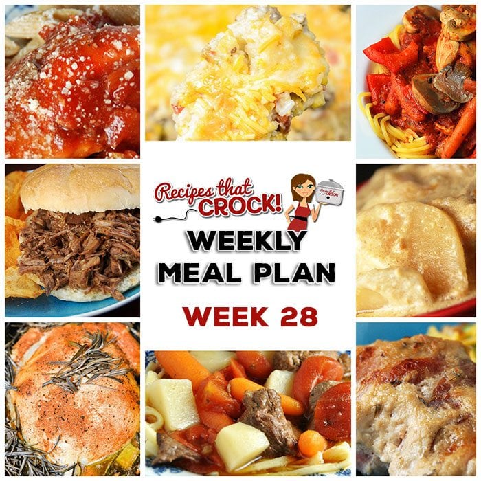 This week's weekly menu features Crock Pot Hot Pizza Dip, Crock Pot Hashbrown Casserole, Crock Pot Garlic Bacon Chicken, Crock Pot Saucy Potatoes, Crock Pot BBQ Steak Sandwiches, Crock Pot Savory Beef Stew, Crock Pot Sweet Corn Sausage Casserole, Crock Pot Parmesan Italian Chicken and Crock Pot Cinnamon Streusel Cake.