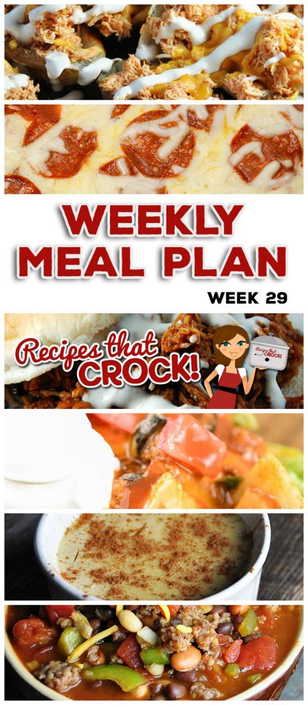 This week's weekly menu features Crock Pot BBQ Ranch Chicken Buns, Crock Pot Taco Ravioli Casserole, Crock Pot 3 Bean Pork Chili, Crock Pot Rosemary Garlic Pork Loin, Crock Pot Parsley Potatoes, Crock Pot Pizza with Mac 'n Cheese Crust, Crock Pot Vanilla Custard, Crock Pot Buffalo Chicken Potato Skins and Crock Pot Apple Coffee Cake.