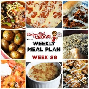 This week's weekly menu features Crock Pot BBQ Ranch Chicken Buns, Crock Pot Taco Ravioli Casserole, Crock Pot 3 Bean Pork Chili, Crock Pot Rosemary Garlic Pork Loin, Crock Pot Parsley Potatoes, Crock Pot Pizza with Mac 'n Cheese Crust, Crock Pot Vanilla Custard, Crock Pot Buffalo Chicken Potato Skins and Crock Pot Apple Coffee Cake.
