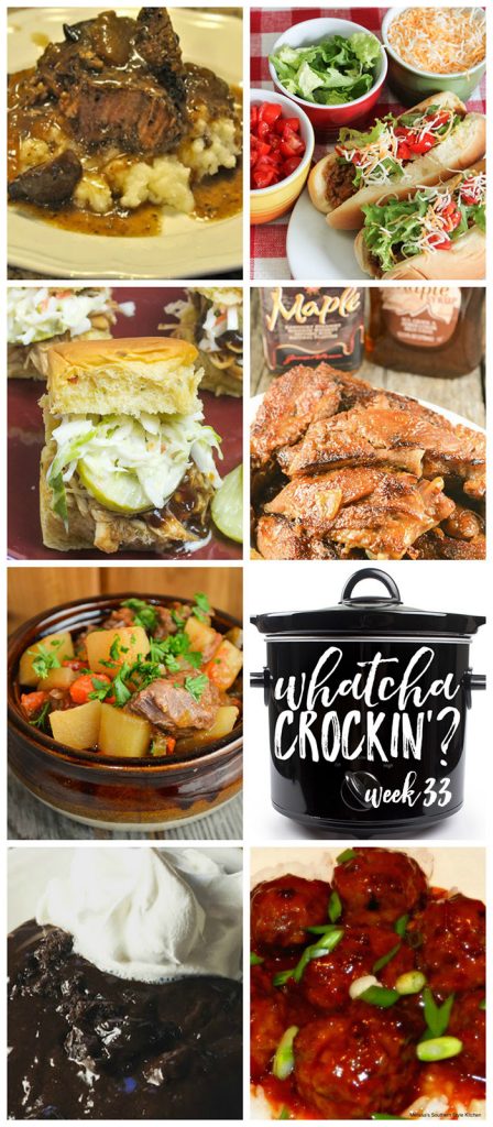 This week's Whatcha Crockin' crock pot recipes include Slow Cooker Asian Meatballs with an Orange Chili Sauce, Mom's Crock Pot Beef Stew, Easy Crock Pot Maple Whiskey Ribs, Crock Pot Taco Joes, Crock Pot Lava Cake, Crock Pot Beef Roast with Mushrooms and Onions, Crock Pot BBQ Cranberry Chicken Sliders and much more!