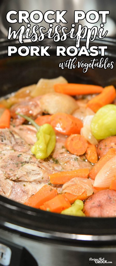 We have taken our ever popular Crock Pot Mississippi Pork Roast and added veggies to make a delicious one pot meal in this Slow Cooker Mississippi Pork Roast with Vegetables.