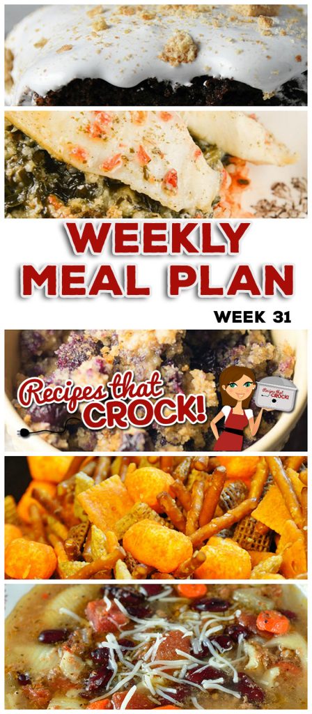 This week's weekly menu features Crock Pot Buffalo Ranch Chicken Nachos, Crock Pot Tomato Rice with Stuffed Tilapia, Crock Pot Minestrone Soup, Crock Pot Cheeseburger Pie, Creamy Crock Pot Dijon Mushroom Pork, Crock Pot Blueberry Breakfast Casserole, Crock Pot Brownie Sโmores and Crock Pot Cheesy Party Mix.