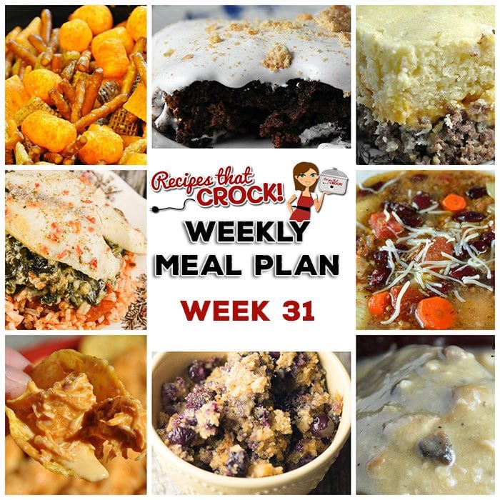 This week's weekly menu features Crock Pot Buffalo Ranch Chicken Nachos, Crock Pot Tomato Rice with Stuffed Tilapia, Crock Pot Minestrone Soup, Crock Pot Cheeseburger Pie, Creamy Crock Pot Dijon Mushroom Pork, Crock Pot Blueberry Breakfast Casserole, Crock Pot Brownie Sโmores and Crock Pot Cheesy Party Mix.