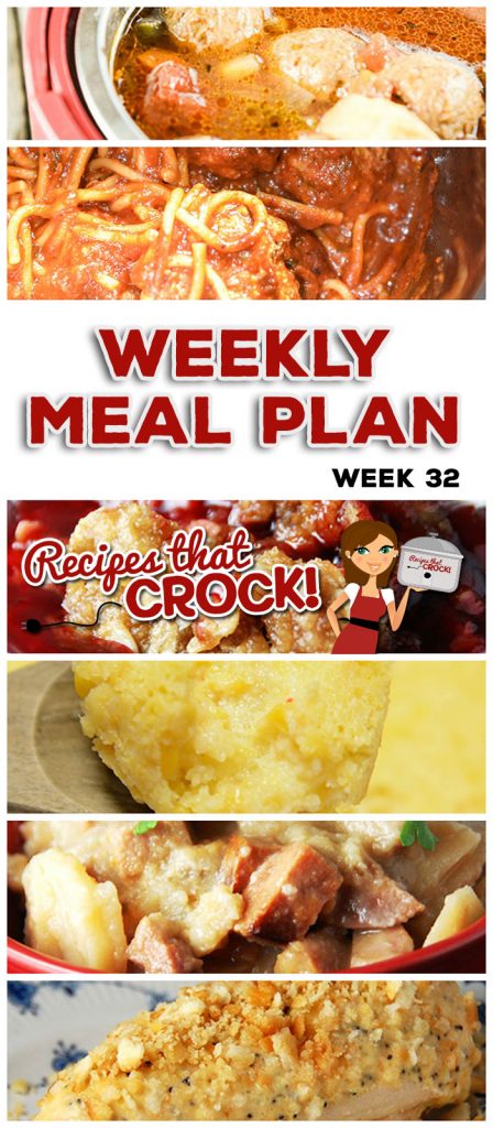 This week's weekly menu features Crock Pot Poppy Seed Chicken, Crock Pot Corn Pudding, Slow Cooker Pot Roast, Crock Pot Italian Meatball Soup, Crispy Slow Cooker Chicken, Crock Pot Country-Style Scalloped Potatoes, Spaghetti with Homemade Meatballs, Crock Pot Southwest Breakfast Casserole, Crock Pot Cherry Crisp and Crock Pot Creamy BBQ Ranch Dip.