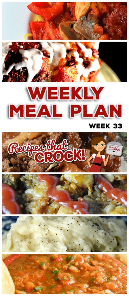 This week's weekly menu features Crock Pot Chicken Alfredo, Crock Pot Old Fashioned Meatloaf, Crock Pot No-Boil Mashed Potatoes, Crock Pot Sausage Corn Potato Chowder, Crock Pot Rustic Italian Chicken, Crock Pot Pork Carnitas, Crock Pot Homemade Salsa, Crock Pot Cream Cheese Garlic Fondue, Cinnamon Roll Monkey Bread and Crock Pot Apple Spice Dump Cake.