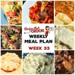 This week's weekly menu features Crock Pot Chicken Alfredo, Crock Pot Old Fashioned Meatloaf, Crock Pot No-Boil Mashed Potatoes, Crock Pot Sausage Corn Potato Chowder, Crock Pot Rustic Italian Chicken, Crock Pot Pork Carnitas, Crock Pot Homemade Salsa, Crock Pot Cream Cheese Garlic Fondue, Cinnamon Roll Monkey Bread and Crock Pot Apple Spice Dump Cake.