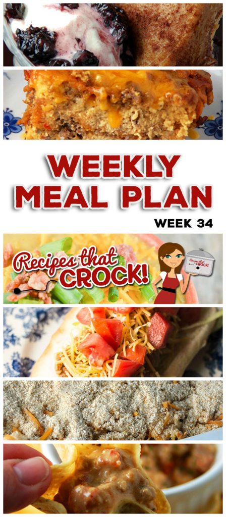 This week's weekly menu features Slow Cooker French Dip Pork Roast, Crock Pot Cheesy Ranch Potatoes, Crock Pot Cheesy Chicken Penne, Cheesy Crock Pot Loaded Cauliflower Soup, Crock Pot Taco Joes, Crock Pot Chili Cheese Dogs, Crock Pot Mixed Berry Cobbler, Bacon Cheeseburger Crock Pot Dip and Savory Breakfast Casserole.
