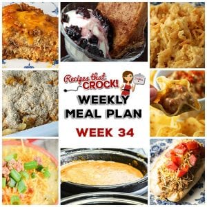This week's weekly menu features Slow Cooker French Dip Pork Roast, Crock Pot Cheesy Ranch Potatoes, Crock Pot Cheesy Chicken Penne, Cheesy Crock Pot Loaded Cauliflower Soup, Crock Pot Taco Joes, Crock Pot Chili Cheese Dogs, Crock Pot Mixed Berry Cobbler, Bacon Cheeseburger Crock Pot Dip and Savory Breakfast Casserole.
