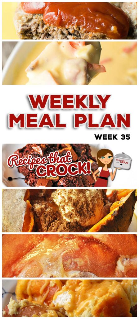 This week's weekly menu features Slow Cooker Sweet and Sour Chicken, Easy Crock Pot Ham, Crock Pot Sweet Potatoes, Crock Pot Ham and Cheese Soup, Wonderful Crock Pot Meatloaf, Crock Pot Potato Packet, Slow Cooker Apple BBQ Ribs, Crock Pot Roasted Potatoes, Crock Pot Breakfast Sausage Strata, Fudgy Crock Pot Reese's Spoon Cake and Slow Cooker Rice Krispy Treats.