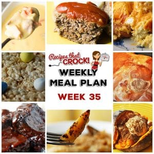 This week's weekly menu features Slow Cooker Sweet and Sour Chicken, Easy Crock Pot Ham, Crock Pot Sweet Potatoes, Crock Pot Ham and Cheese Soup, Wonderful Crock Pot Meatloaf, Crock Pot Potato Packet, Slow Cooker Apple BBQ Ribs, Crock Pot Roasted Potatoes, Crock Pot Breakfast Sausage Strata, Fudgy Crock Pot Reese's Spoon Cake and Slow Cooker Rice Krispy Treats.