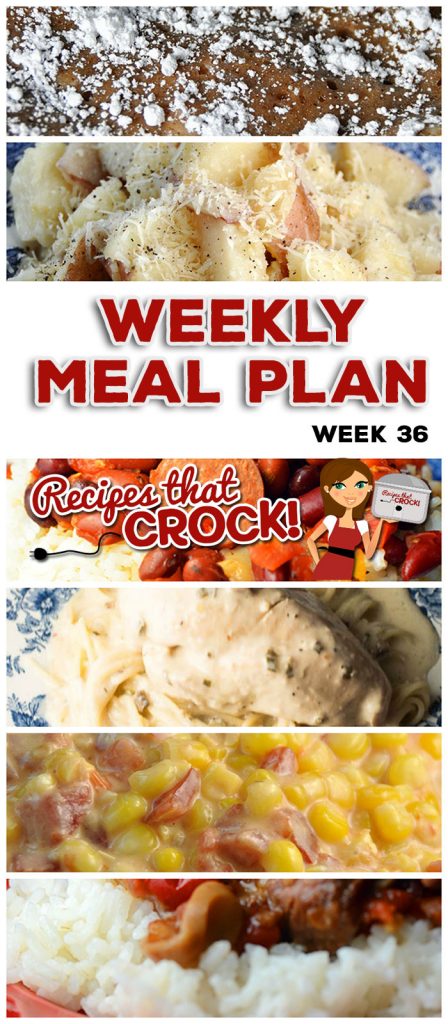 This week's weekly menu features Crock Pot Angel Chicken, Crock Pot Garlic Parmesan Potatoes, Crock Pot Bacon Bubble Up Bread, Slow Cooker Ranch Pork Chops, Extra Cheesy Crock Pot Mac n' Cheese, Crock Pot White Chicken Chili, Slow Cooker Red Beans and Sausage, Crock Pot Pepper Steak, Crock Pot Cheesy Fiesta Corn, Crock Pot Cherry Delight, Sweet and Salty Crock Pot Party Mix and Crock Pot Apple Cinnamon Cream Cheese Squares.