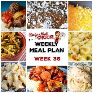 This week's weekly menu features Crock Pot Angel Chicken, Crock Pot Garlic Parmesan Potatoes, Crock Pot Bacon Bubble Up Bread, Slow Cooker Ranch Pork Chops, Extra Cheesy Crock Pot Mac n' Cheese, Crock Pot White Chicken Chili, Slow Cooker Red Beans and Sausage, Crock Pot Pepper Steak, Crock Pot Cheesy Fiesta Corn, Crock Pot Cherry Delight, Sweet and Salty Crock Pot Party Mix and Crock Pot Apple Cinnamon Cream Cheese Squares.