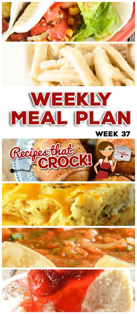 This week's weekly menu features Crock Pot Brown Sugar Pineapple Pork Roast, Crock Pot Broccoli Cheese Casserole, Crock Pot Beefy Tex Mex Tacos, Crock Pot Homemade Salsa, Slow Cooker Chicken Noodles, Crock Pot Seafood Gumbo, Easy Crock Pot Chicken Dinner for Two, Crock Pot Cheese Souffle, Crock Pot Bacon Taters, Crock Pot Cheesecake.