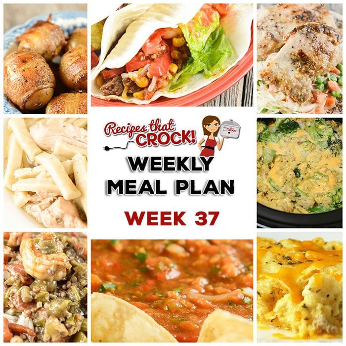 This week's weekly menu features Crock Pot Brown Sugar Pineapple Pork Roast, Crock Pot Broccoli Cheese Casserole, Crock Pot Beefy Tex Mex Tacos, Crock Pot Homemade Salsa, Slow Cooker Chicken Noodles, Crock Pot Seafood Gumbo, Easy Crock Pot Chicken Dinner for Two, Crock Pot Cheese Souffle, Crock Pot Bacon Taters, Crock Pot Cheesecake.