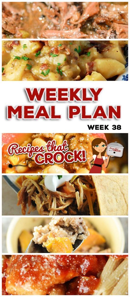 This week's weekly menu features Crock Pot BBQ Chicken Wraps, Crock Pot German Potato Salad, Mississippi Beef Roast, Crock Pot Cheesy Scalloped Potatoes, Easy Crock Pot Taco Soup, Crock Pot Farmers Pie, Parmesan Crock Pot Italian Chicken, Crock Pot Apple Crumble Cobbler, Slow Cooker Apple Butter and Crock Pot Peaches and Cream Overnight Oatmeal.