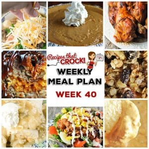 This week's weekly menu features Crock Pot BBQ Bacon Cheddar Meatloaf, Slow Cooker Chicken Enchilada Rollups, Leftover Day OR Crock Pot Bean Bacon Soup, Crock Pot Chicken Drumstick, Crock Pot Beefy Hearty Beans, Crock Pot BBQ Chicken Summer Salad, Crock Pot Apple Granola Breakfast, Easy Crock Pot Caramel Pie and Crock Pot Cream Cheese Taco Dip.