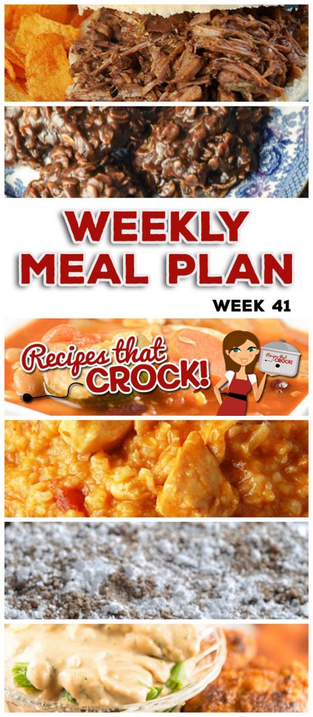 This week's weekly menu features Crock Pot BBQ Steak Sandwiches, Cheesy Salsa Crock Pot Chicken Rice, Crock Pot All-Day Veggie Soup, Crock Pot Honey BBQ Chicken Wings, Crock Pot Saucy Potatoes, Crock Pot Cheesy Lasagna, Crock Pot Blueberry Coffee Cake, Crock Pot Creamy BBQ Ranch Dip and Crock Pot No Bake Cookies.