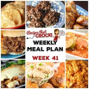 This week's weekly menu features Crock Pot BBQ Steak Sandwiches, Cheesy Salsa Crock Pot Chicken Rice, Crock Pot All-Day Veggie Soup, Crock Pot Honey BBQ Chicken Wings, Crock Pot Saucy Potatoes, Crock Pot Cheesy Lasagna, Crock Pot Blueberry Coffee Cake, Crock Pot Creamy BBQ Ranch Dip and Crock Pot No Bake Cookies.