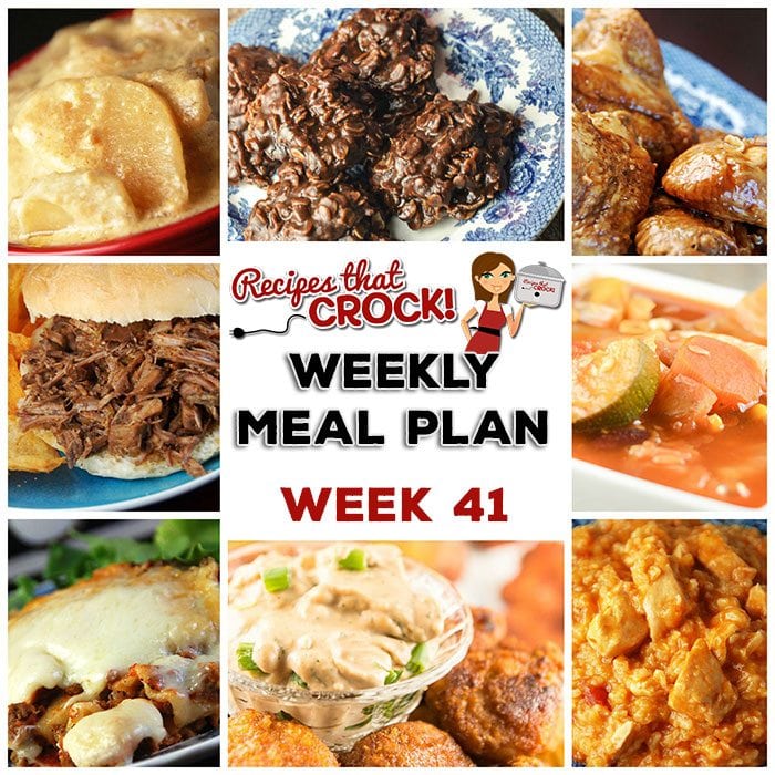 This week's weekly menu features Crock Pot BBQ Steak Sandwiches, Cheesy Salsa Crock Pot Chicken Rice, Crock Pot All-Day Veggie Soup, Crock Pot Honey BBQ Chicken Wings, Crock Pot Saucy Potatoes, Crock Pot Cheesy Lasagna, Crock Pot Blueberry Coffee Cake, Crock Pot Creamy BBQ Ranch Dip and Crock Pot No Bake Cookies.