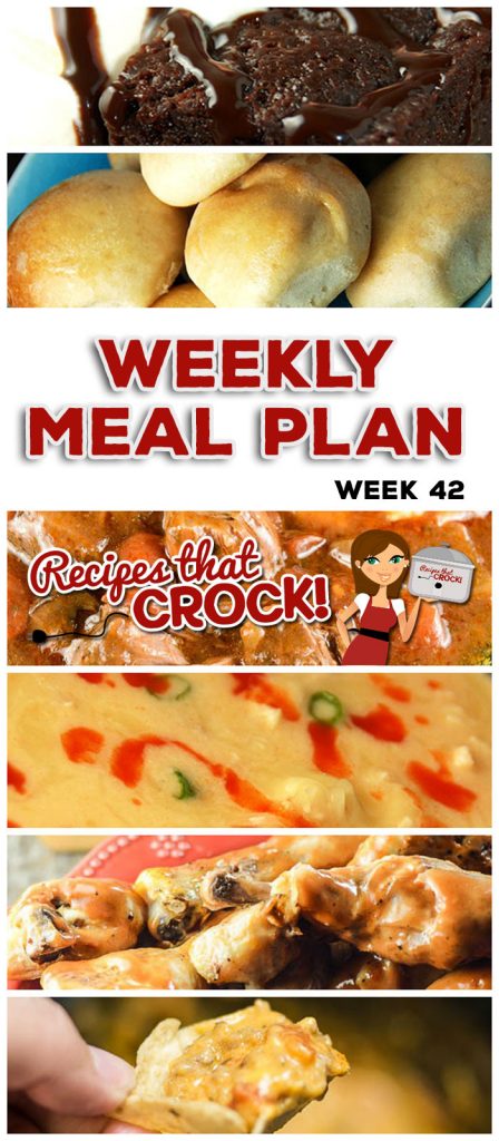 This week's weekly menu featuresย Crock Pot Italian Pot Roast,ย Crock Pot Dinner Rolls,ย Crock Pot Root Beer Pulled Pork,ย Crock Potย Buffalo Chicken Soup,ย Crock Pot BBQ Ranch Chicken Legs,ย Crock Pot Pizza Burgers, Crock Pot Peanut Butter Jelly Casserole,ย Quadruple Chocolate Crock Pot Cake andย Crock Pot Sausage Cheese Dip.