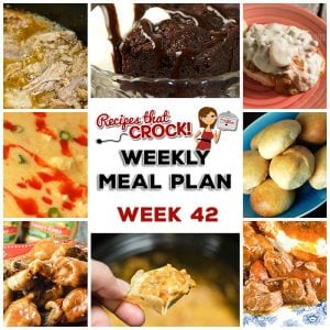This week's weekly menu features Crock Pot Italian Pot Roast, Crock Pot Dinner Rolls, Crock Pot Root Beer Pulled Pork, Crock Pot Buffalo Chicken Soup, Crock Pot BBQ Ranch Chicken Legs, Crock Pot Pizza Burgers, Crock Pot Peanut Butter Jelly Casserole, Quadruple Chocolate Crock Pot Cake and Crock Pot Sausage Cheese Dip.