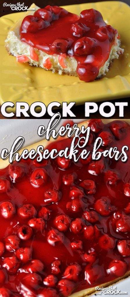 Do you love cheesecake? These Crock Pot Cherry Cheesecake Bars are delicious, easy and portable! Buttery graham cracker crust with a creamy cheesecake center with cherries on top!