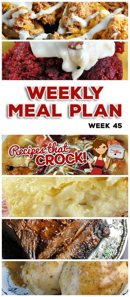 This week's weekly menu features Crock Pot Maple Beef Brisket,ย Crock Pot Mozzarella Stuffing,ย Crock Pot Shredded Beef Sandwiches (Virginia Style),ย Crock Pot Minestrone Soup,ย Slow Cooker Cajun Chicken,ย Crock Pot Dinner Rolls,ย Sweet Crock Pot Honey BBQ Hot Dogs,ย Crock Pot Cream Cheese Danish,ย Crock Pot Red Velvet Spoon Brownies andย Crock Pot Buffalo Chicken Potato Skins!