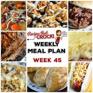 This week's weekly menu features Crock Pot Maple Beef Brisket, Crock Pot Mozzarella Stuffing, Crock Pot Shredded Beef Sandwiches (Virginia Style), Crock Pot Minestrone Soup, Slow Cooker Cajun Chicken, Crock Pot Dinner Rolls, Sweet Crock Pot Honey BBQ Hot Dogs, Crock Pot Cream Cheese Danish, Crock Pot Red Velvet Spoon Brownies and Crock Pot Buffalo Chicken Potato Skins!
