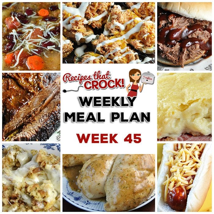 This week's weekly menu features Crock Pot Maple Beef Brisket,ย Crock Pot Mozzarella Stuffing,ย Crock Pot Shredded Beef Sandwiches (Virginia Style),ย Crock Pot Minestrone Soup,ย Slow Cooker Cajun Chicken,ย Crock Pot Dinner Rolls,ย Sweet Crock Pot Honey BBQ Hot Dogs,ย Crock Pot Cream Cheese Danish,ย Crock Pot Red Velvet Spoon Brownies andย Crock Pot Buffalo Chicken Potato Skins!